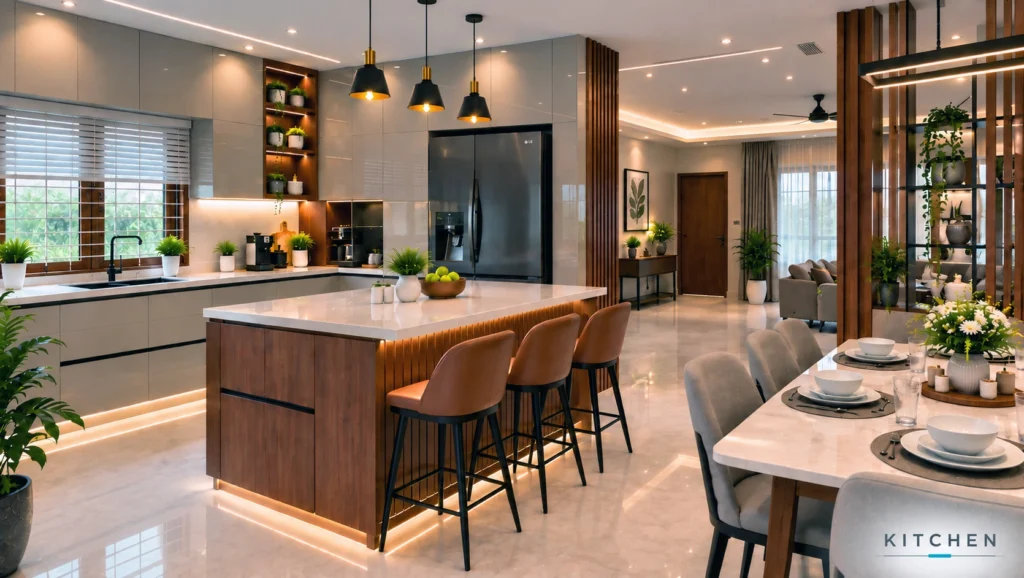 modern open kitchen design by Greyhomes Kitchen & Interior in Kannur, Kerala.