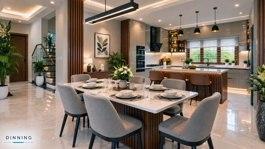 Dining space in a modern open kitchen design by Greyhomes Kitchen & Interior in Kannur, Kerala.