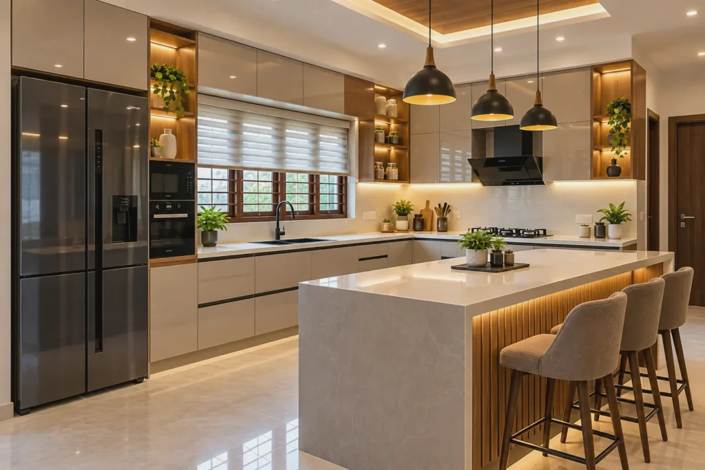 Modern modular kitchen interior by thegreyhomes in Kannur