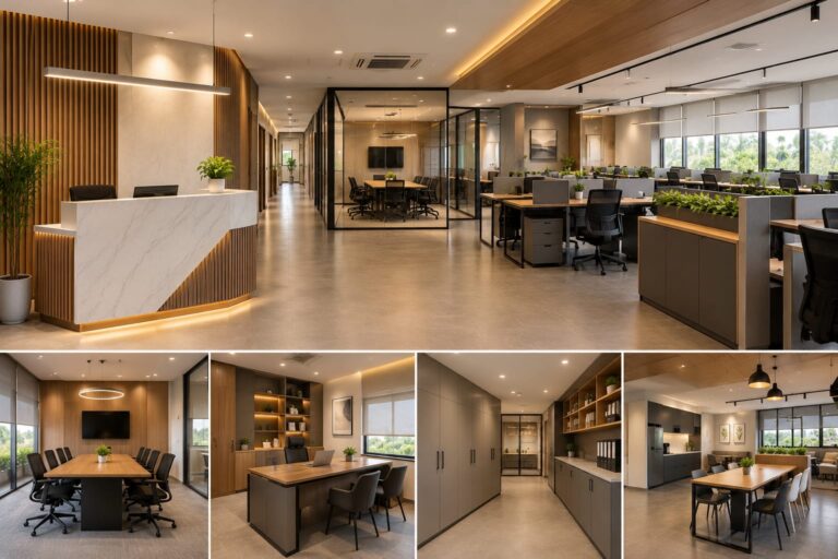 Modern office interior design with workstations and functional workspace by Greyhomes